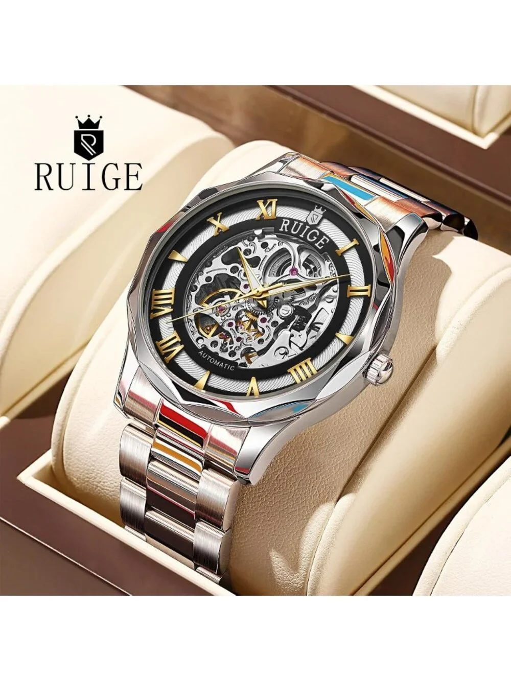 Men's Gold White Fully Automatic Stainless Steel Waterproof Fashion Trend Watch
